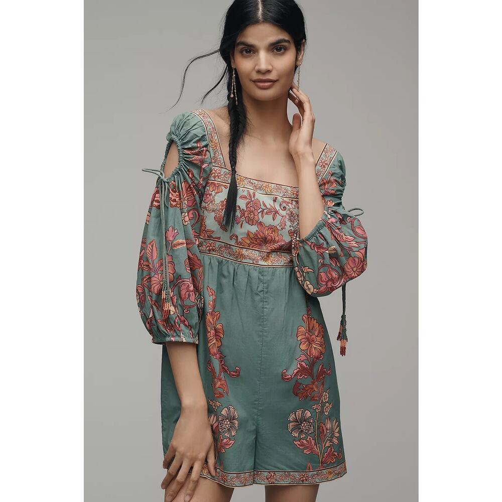 Farm Rio x Anthropologie Puff Sleeve Square Neck Romper NWT